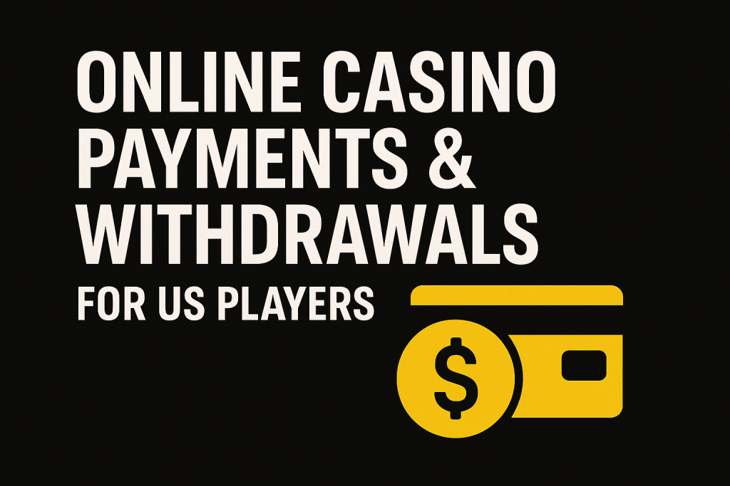 Online Casinos payments and withdrawals in white text on a black background next to a dollar chip and a debit card