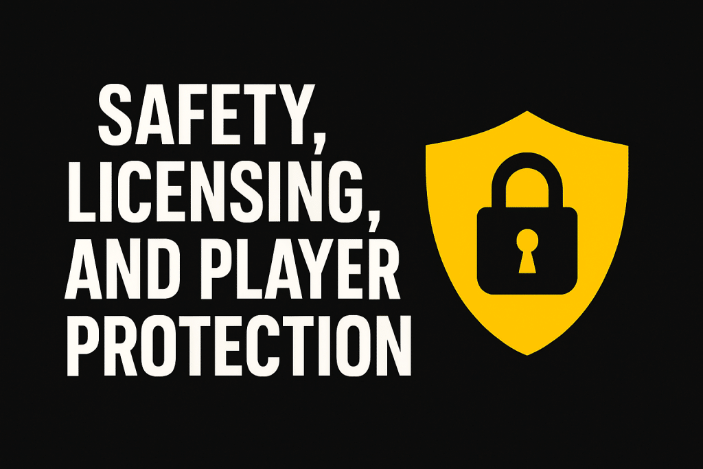 Safety, licensing and player protection on white text on a black background next to an image of a lock on a shield